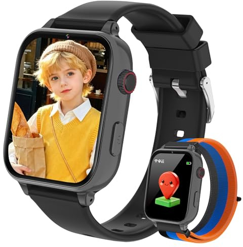 Smartwatch Kinder GPS, 4G Smart Watch Kid mit Videoanruf Voice Chat Spiele Schulmodus Wecker Schrittzähler Taschenrechner, 2x Armbänder Kinderuhr für Mädchen Jungen 4-12 Jahren (Schwarz Blau-C)