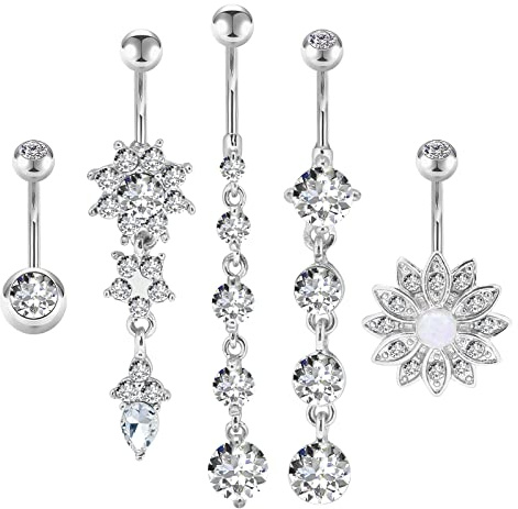 Zhichengbosi 5PCS Dangle Belly Button Rings, 14G 316L Stainless Surgical Steel Navel Rings Body Jewelry Piercing(Silver)