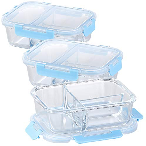Rosenstein & Söhne Aufbewahrungsdose: 3er-Set Glas-Frischhaltedosen mit Klick-Deckeln & 3 Kammern, 1 l (Mikrowellen Geschirr, Glasschüssel mit Deckel-Set, Kühlschrank)