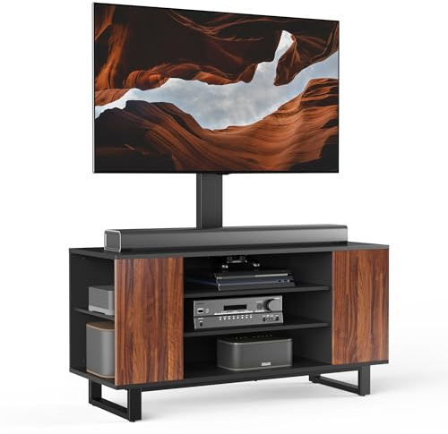 FITUEYES Mobile TV per 32-70 Pollici, Supporto TV da Pavimento con 2 Altezza & Ripiani in Legno, Max VESA 600x400mm