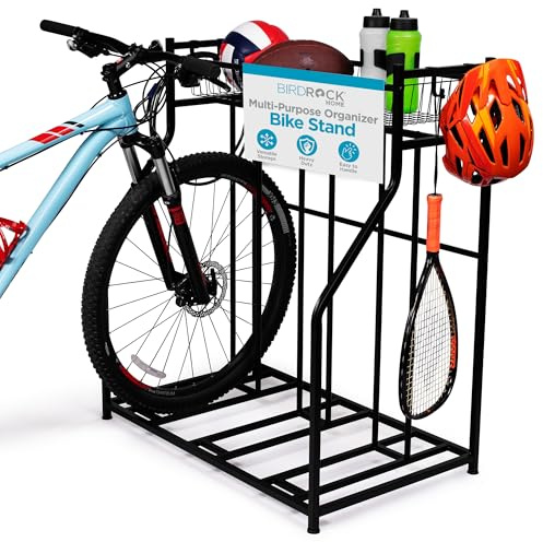 BIRDROCK HOME Bike Rack Garage Storage Floor Stand - Freestanding Organizer for Outdoor Yard - Upright Wall Mount for Scooters, Rakes, Motorcycles, Hoverboards, Gloves - Holds 3 Bicycle - Black