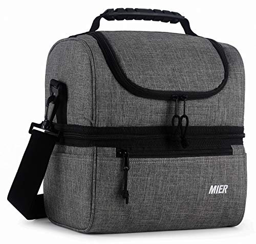 MIER Insulated Lunch Box Insulated Cool Tote Bag Lunch Kit for Men, Women, Double Deck Cooler (Grey, L)