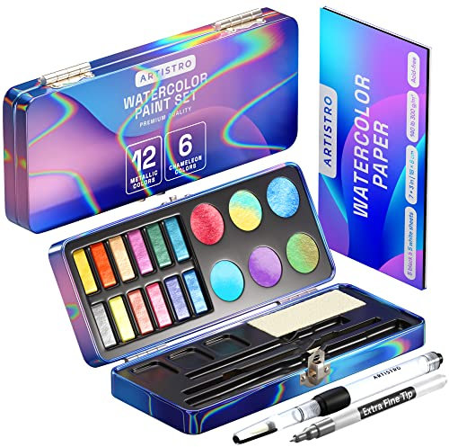 Artistro Metallisch Aquarellfarben Set, 18 Farben, Malset, 12 Metallic-Glitzer-Aquarellfarben und 6 Chamäleonfarben. Ideales Reise-Wasserfarben-Set für Künstler, Hobby-Bastler und Malerei-Liebhaber