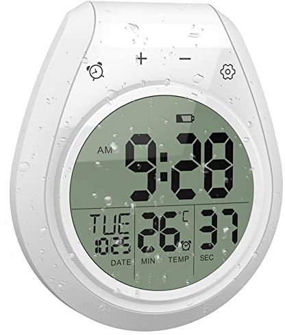 seasio Reloj de Ducha Digital Resistente Al Agua, Reloj Temporizador de BañO, Reloj de Pared de Cocina Digital, Pantalla LCD, Formato de 12/24 Horas