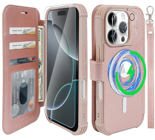 VANAVAGY Wallet Case for iPhone 15 Pro Max 6.7 Inch,Rose gold | PU Leather Flip Folio,Slim,12ft Drop Protection,RFID Blocking Card Holder,Kickstand,Wrist Strap,Includes Screen Protector