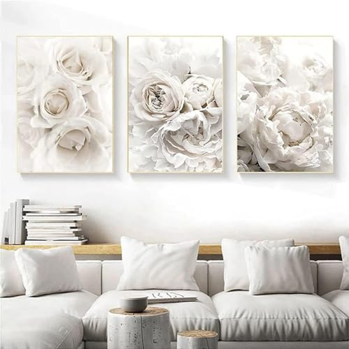 DLKAJFK Moderne Wandmalerei Plakat Set, Natürliche Landschaft Strand, Schilfblätter, Weiße Rosen, Leinwanddruck, Hintergrund Wanddekoration Plakat Set, Rahmenlos (Weiße Blüten,3Pcs-40x60cm)