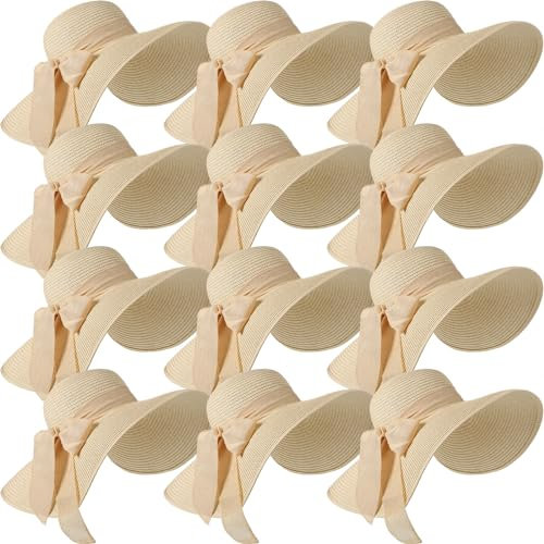 12 PCS Women's Wide Brim Straw Hats Floppy Sun Hat, Beige, Floppy