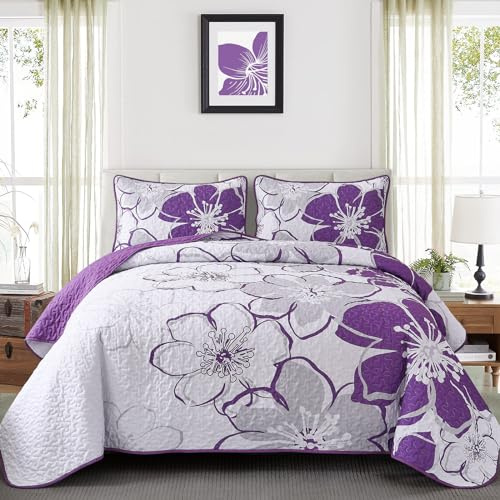 Luxudecor Floral Quilt Set King Size 3 Pieces Purple Flower Bedspread with Pillow Shams Lightweight Soft Microfiber Bed Cover for All Seasons 108x92