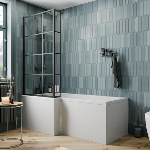 BAYSTONE 1700 x 855mm Left Hand L Shaped Shower Bath Bathtub with Front & End Panel + Black Framed Grid Bath Screen