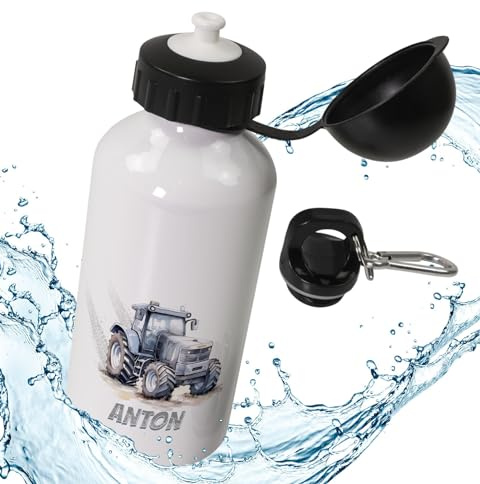 timalo® Aluminium Trinkflasche für Kinder personalisiert mit Namen | auslaufsichere Edelstahl Sportflasche Kindergarten Geschenk für Jungen und Mädchen 400mLB3 | Traktor