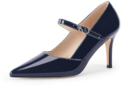 Coutgo Womens Mary Jane Pumps Stiletto High Heels Closed Pointed Toe Buckle Strap Patent Leather Dress Wedding Party Shoes Navy Blue