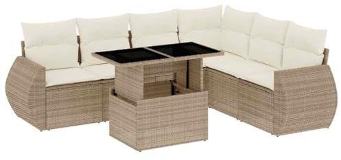 vidaXL Garten Sofa Garnitur 7-TLG., Gartenmöbel Set mit Kissen, Lounge Sitzgruppe Modular für Garten Terrasse, Gartentisch Verstellbare Tischplatte, Beige Poly Rattan