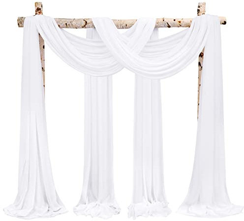 Showgeous 4 Packs Querbehang Weiß 73cmx610cm Tüll Foto Hintergrund Hochzeit Vorhang Deko Weiss Chiffon-Stoff Hochzeitsbogen Gardinen für Laube Hochzeit Torbogen Zeremonie Fotografie Party