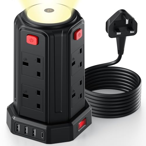 Tower Extension Lead (3250W 13A) Extension Tower with Night Light 8 AC Outlets & 4 USB Ports Surge Protection Extension Lead with 4 Independent Switch, Extension Cable 3M for Office, Home