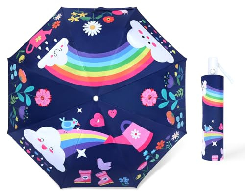 Regenschirm Kinder Mädchen mit Niedlichem Muster, Kinderschirm Reflektierend mit Schirmhülle & Auf-Zu-Automatik, Taschenschirm Winddicht Sturmfest für Jungen Leicht zu Transportieren-Blume Regenbogen