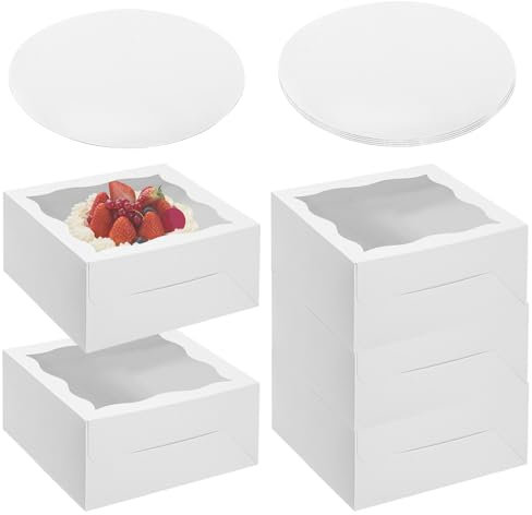 WIYETY Lot de 5 boîtes à gâteau avec plateau à gâteau : boîte de transport à gâteau avec fenêtre de visualisation - Boîte à gâteau blanche - Boîte de transport carrée - Boîtes à gâteau - Boîte à