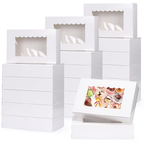 GXFCING 24 PCS Cookie Boxes, 8.5” x 5.5” x 2” Bakery Boxes with Window, White Dessert Packaging Gift Box for Cake, Biscuit, Macaron, Candy, Brownie, Donuts