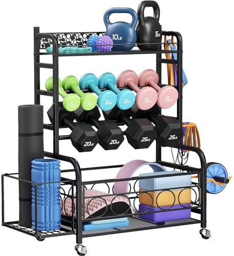 Hantelständer, Multifunktions Hantelablage, Hantelständer mit Rollen und Haken, Kann Hanteln, Yogamatten, Faszienrollen, Kugelhanteln und kettlebell, Schwarz, Zuhause