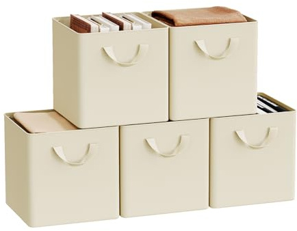 WOLTU Storage Boxes Set of 5, Storage Baskets, Folding Wardrobe Cube Boxes, with Handle and Metal Frame, for Living Room/Bedroom/Study, Linen, 26x26x26cm, Cream