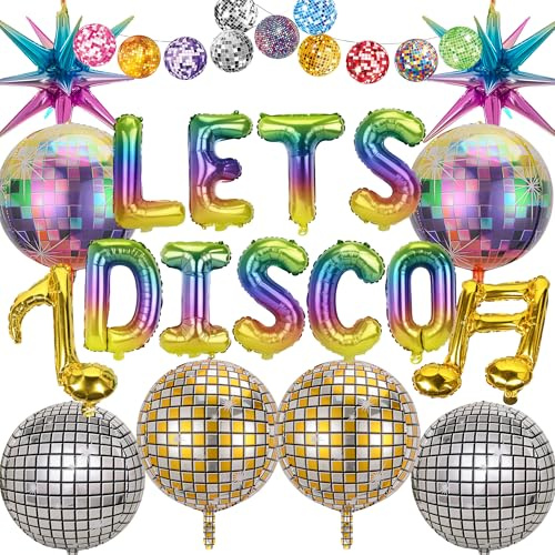 Disco Party Decorations Dancing Queen - 20 Pcs Neon Music Decoration Including Musical Balloons Shining Disco Ball Exploding Star Balloons for 70s 80s Boogie Retro Mamma Mia Party Decorations