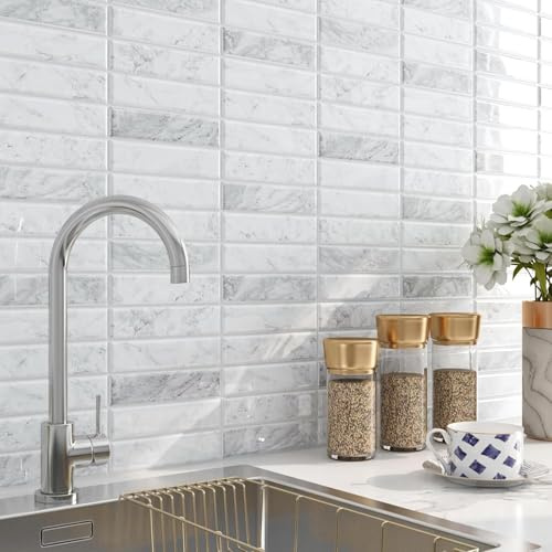 FunStick Dalle PVC Adhesive Murale Cuisine Marbre Autocollant Mural Rectangle Carrelage Adhesif Mural Salle de Bain 3D Dalle Adhesive Murale Gris Blanc Credence Cuisine Autoadhesive 30CMx30CM 5 Dalles