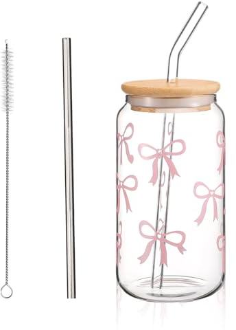 Cosmeria Aesthetic Vaso de Vidrio con Pajita y Tapa, Vaso con Tapa, Pajita y Cepillo, Diseño Mariposa