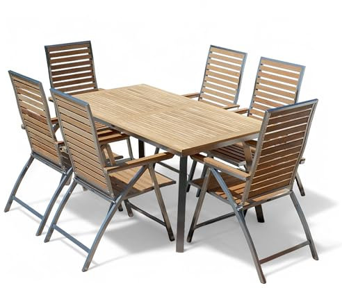 ALEOS. Gartengarnitur Edelstahl Teak Set: Nassau Tisch 160x90 cm + 6 Hochlehner Beste Teakholz Qualität A-Grade Sitzgarnitur Gastronomiequalität Gartenmöbelgarnitur Esstischset Hochlehnerset