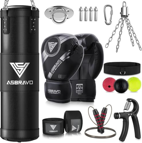 ASBRAVO Boxsack Set für Erwachsene, 120cm schwere Boxsack mit 12oz Handschuhen, 5m Handverpackungen für MMA Karate Kickboxing Boxen Home Gym Training - Ungefüllt