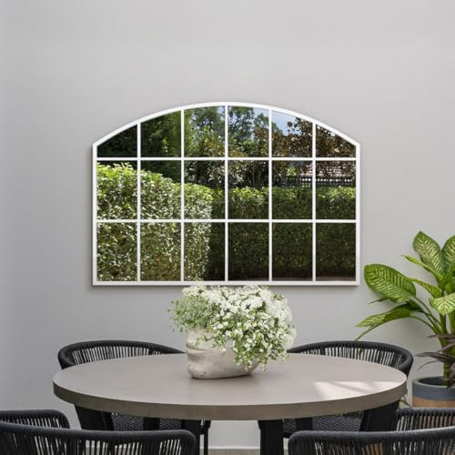 MirrorOutlet The Arcus - White Framed Modern Arched Garden Wall Window Mirror 43 X 29 (110CM X 75CM) Silver Mirror Glass with Black All weather Backing.