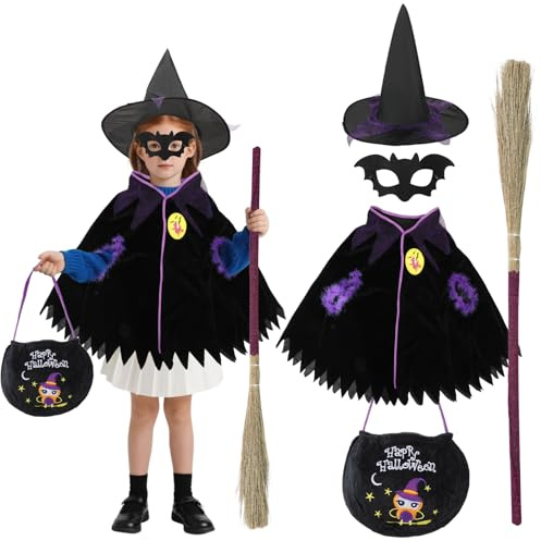 Cape d'Halloween pour enfant - Costume de sorcière - Cape avec chapeau de sorcière - Balai de sorcière - Sac de hibou - Masque chauve-souris - Cape d'Halloween - Cape pour enfants de 3 à 10 ans - 100