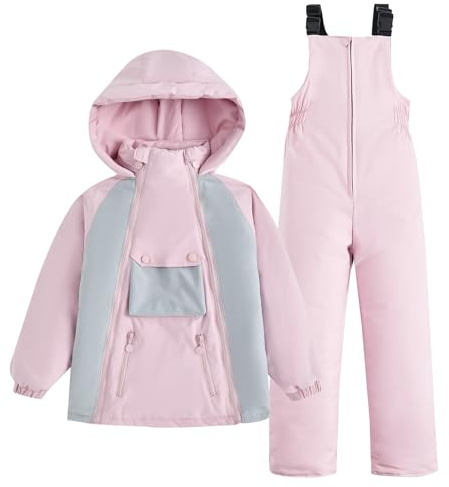 JiAmy Kids 2 Piece Snowsuit Set Winter Hooded Puffer Jacket & Snow Bib Pants Ultralight Outfit Boys & Girls Ski Suits Pink 5-6T