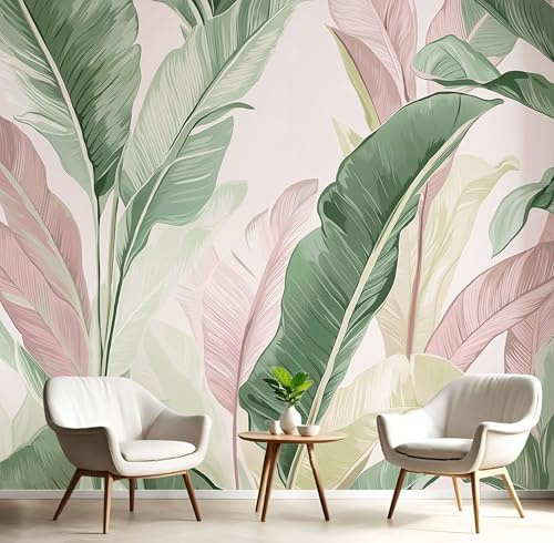 Papier Peint Panoramique Feuille De Bananier Romantique Soie, 400X280Cm, Poster Geant Mural Blush Powder, Personnalisé 3D Pour Salon Chambre D'Enfants Restaurant Décoration Murale Paysage Tropical