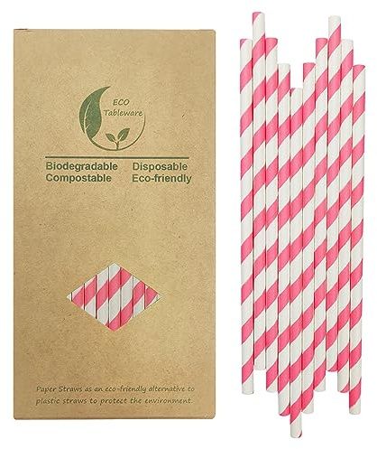 Dark Pink Striped Paper Straws, [100-Pack] Biodegradable & Colorfast Cut Pink Party Straws for Cocktails, Weddding Supplies, Birthday Decor