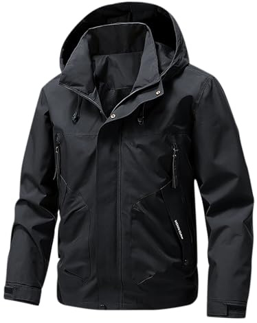 XCXC Herren Winddichte Outdoorjacke mit Kapuze Reißverschluss und Klettverschluss Männer Langarm Cargojacke mit Taschen Funktionsjacke für Wandern Trekking und Alltag