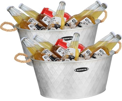 Galvanized Tub, Beverage Bucket with Handles, 2 Pcs Large Ice Buckets for Parties -Galvanized Drink Buckets for Indoor or Outdoor Bars