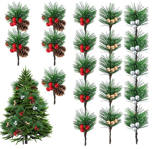 TILONKJ 20 Stück Künstliche Tannenzweige mit roten Beeren und Tannenzapfen | Kleine Weihnachtszweige, 4 Stile, Kunststoff, immergrün & pflegeleicht, Ideal für DIY & Feiertagsdeko