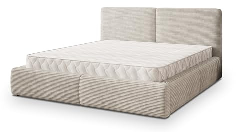 Masseno Polsterbett FELURO P 180x200 cm, Doppelbett, Bettkasten, Stauraum, Lattenrost Und Kopfteil - Creme, POSO 100