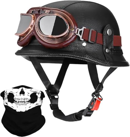 Uueybsg Retro Deutsche Motorrad Halbhelme Leder Jethelm mit Schutzbrille Halbschalenhelm mit ECE Vintage Motorradhelm Fahrrad Cruiser Chopper Moped Scooter-Helm für Erwachsene Herren Damen