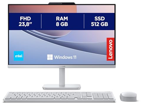 Lenovo A100 Computer desktop All-In-One, Display 24 FHD, Intel N100, RAM 8GB, 512GB SSD, 2x Altoparlanti, WiFi 6, Windows 11 Home, Tastiera + Mouse Wireless - Cloud Grey