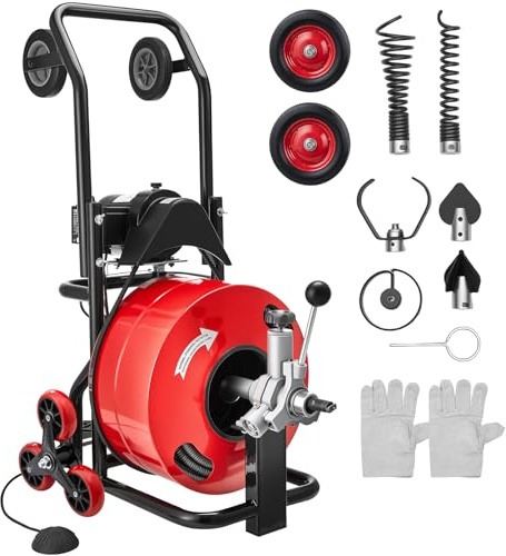 VEVOR Drain Cleaner Machine 100 FT x 3/4 Inch, Auto Feed Sewer Snake Auger, Portable Drain Cleaning Machine with Multi-Wheel Combination, 6 Cutters & Air-Activated Foot Switch for 4 to 8 Pipes