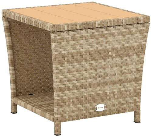 Outsunny 2-Tier PE Rattan Side Table with Storage Shelf, Square Outdoor Coffee Table with PS Wood Slat Top, UV-Resistant for Patio, Garden, Balcony, Khaki