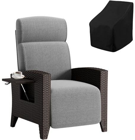 Fiutazge Relaxsessel mit liegefunktion,Relaxliege Verstellbare Rückenlehne,Liegesessel Rattan Sonnenliege mit Abdeckung für Garten,Terrasse,Balkon-Schwarz Rattan und Grau Sitzkissen-TischRechts