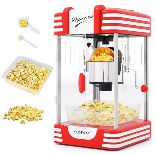 COSTWAY Retro Popcornmaschine, Popcorn maschine mit Warmhaltelicht & Edelstahlkessel & integriertes Rührsystem, Popcorn Maker im 50er still für Filmabende, Party, Rot
