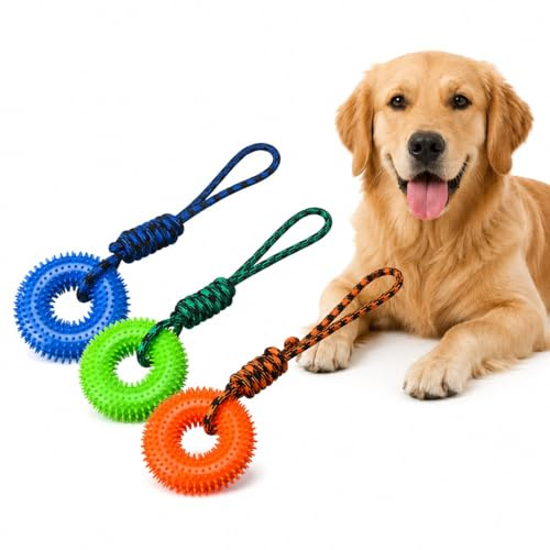 3er Set Hundespielzeug quietschender stacheliger Kau Ring mit Seil Welpen Beißspielzeug interaktiver Trainingsring für kleine mittelgroße große Hunde Outdoor