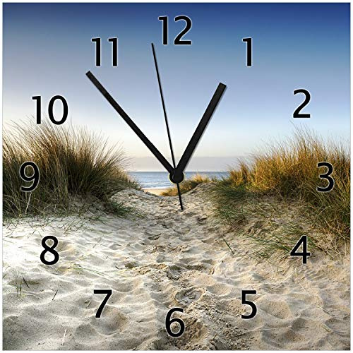 Wallario Design-Wanduhr Weg durch die Dünen zum Strand am Meer aus Glas, Motiv-Uhr Größe 30 x 30 cm, Schwarze Zeiger