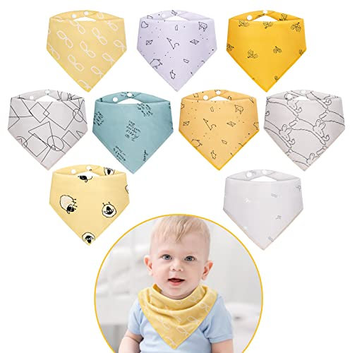 Viedouce Baby Lätzchen 9 Stück, Dreieckstuch mit Verstellbarem Druckknopf, Sabberlatz für Jungen, Mädchen & Neugeborene, Baumwolle & Absorbierend