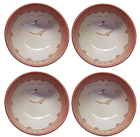 JapanBargain 2484x4, juego de 4 cuencos de porcelana japonesa, cuencos de sopa, cuencos para ramen, hechos en Japón, patrón de gato sonriente Maneki Neko (4, 6.25 pulgadas)