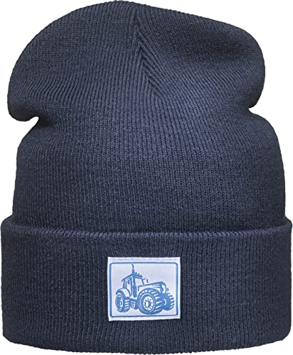 Baddery Kinder Beanie - „Traktor“ - Strickmütze mit Patch für Jungen & Mädchen - Warme Wintermütze (Navy)