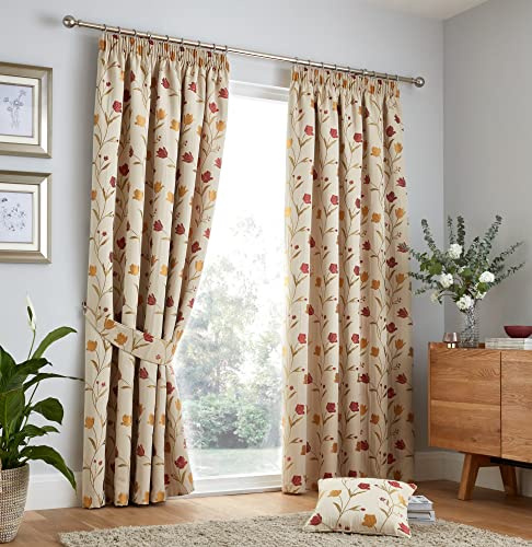 Curtina Floral Curtains Natural & Red W46 x L54 (117x137cm) – Vintage Pencil Pleat Drapes – Heavyweight Jacquard – Bedroom & Living Room Window Treatment – Classic Botanical Curtain Pair