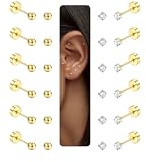 LOLIAS 12 par 2 mm stiftörhängen för kvinnor män flickor 14K guldpläterade 316L kirurgiskt stål broskpiercing små stiftörhängen 20G klar CZ rund boll skruv platt örhänge set
